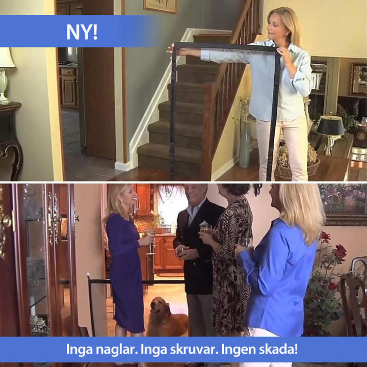 "Bärbar säkerhetsgrind för husdjur i slitstarkt nät, enkel montering, diskret design, för dörröppningar och trapphus."