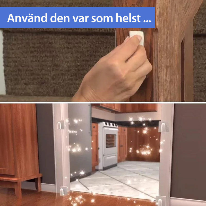 "Bärbar säkerhetsgrind för husdjur i slitstarkt nät, enkel montering, diskret design, för dörröppningar och trapphus."