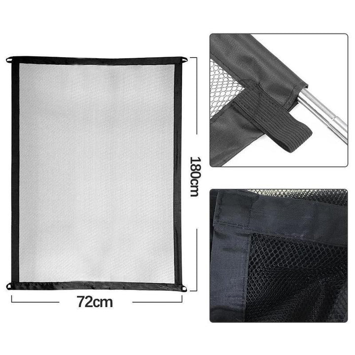 "Bärbar säkerhetsgrind för husdjur i slitstarkt nät, enkel montering, diskret design, för dörröppningar och trapphus."