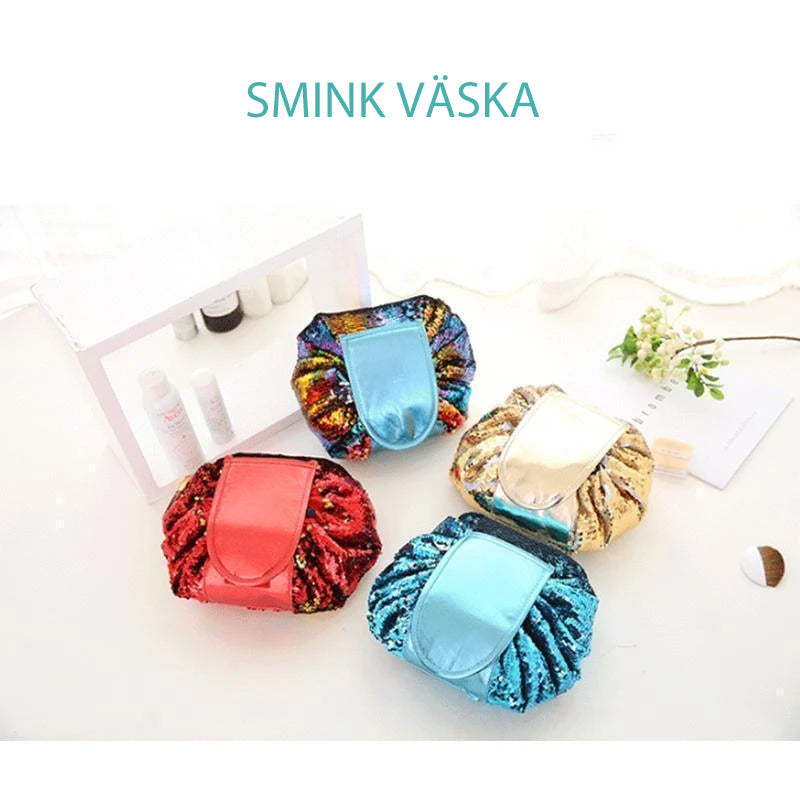 Bärbar sminkväska med dragsko, paljettdesign, rymlig, skimrande, perfekt för resor och enkelt att organisera smink.