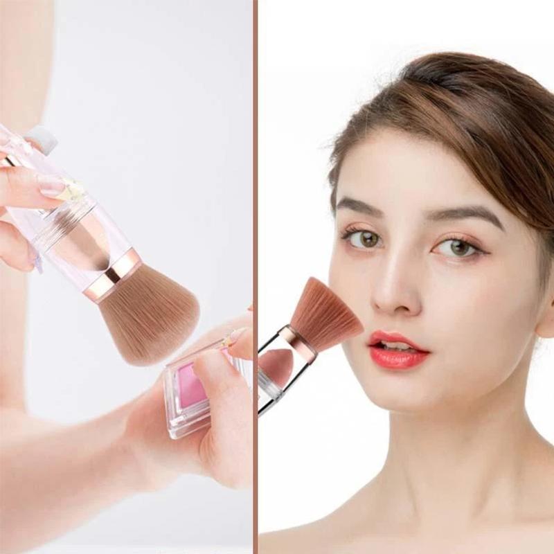 "Bärbar tre-i-ett sminkborstsats med mjuka borstar och stilrent handtag, perfekt för enkel och skonsam makeupapplikation."