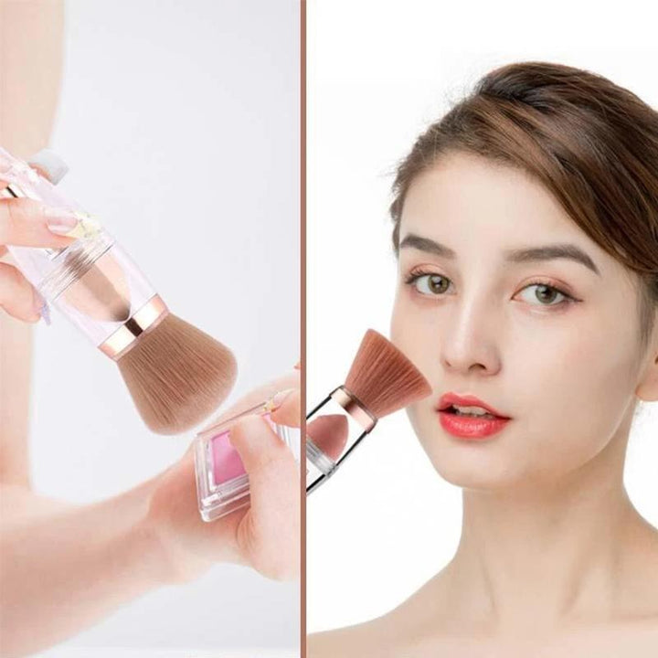 "Bärbar tre-i-ett sminkborstsats med mjuka borstar och stilrent handtag, perfekt för enkel och skonsam makeupapplikation."