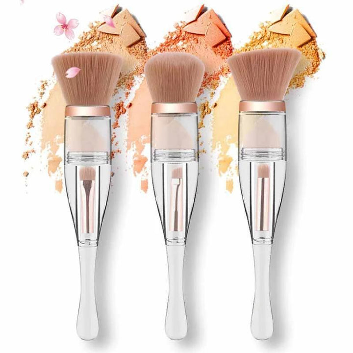 "Bärbar tre-i-ett sminkborstsats med mjuka borstar och stilrent handtag, perfekt för enkel och skonsam makeupapplikation."