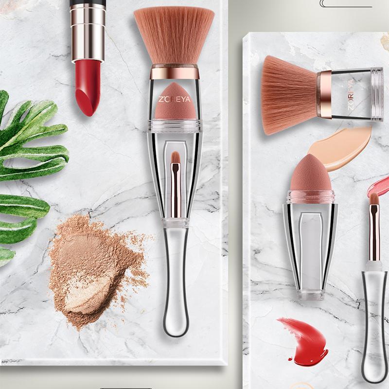 "Bärbar tre-i-ett sminkborstsats med mjuka borstar och stilrent handtag, perfekt för enkel och skonsam makeupapplikation."