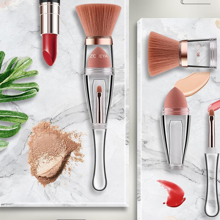 "Bärbar tre-i-ett sminkborstsats med mjuka borstar och stilrent handtag, perfekt för enkel och skonsam makeupapplikation."