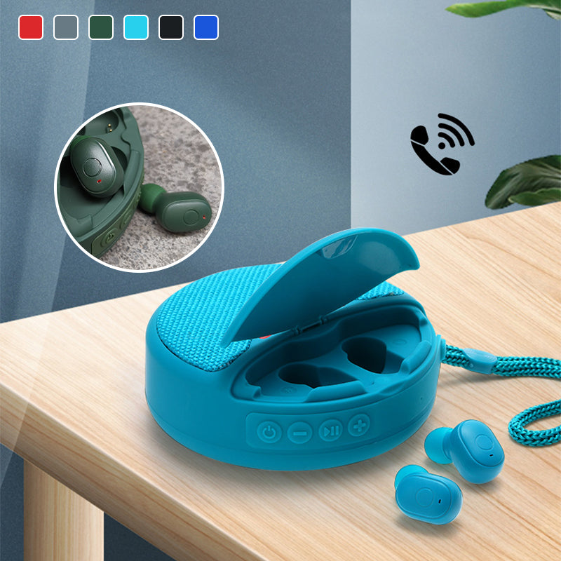 Bärbar TWS Bluetooth-högtalare med hörlurar, kompakt design, svart, levererar rumsfyllande 3D-stereoljud.