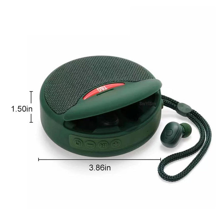 Bärbar TWS Bluetooth-högtalare med hörlurar, kompakt design, svart, levererar rumsfyllande 3D-stereoljud.