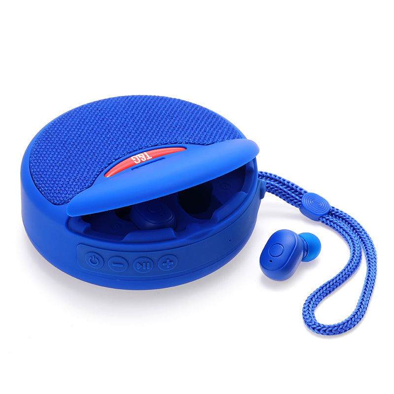 Bärbar TWS Bluetooth-högtalare med hörlurar, kompakt design, svart, levererar rumsfyllande 3D-stereoljud.