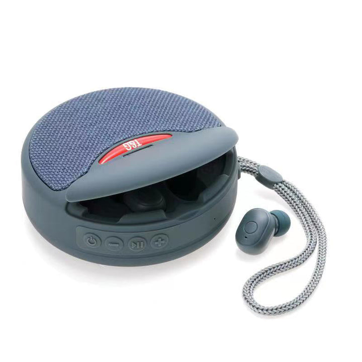Bärbar TWS Bluetooth-högtalare med hörlurar, kompakt design, svart, levererar rumsfyllande 3D-stereoljud.