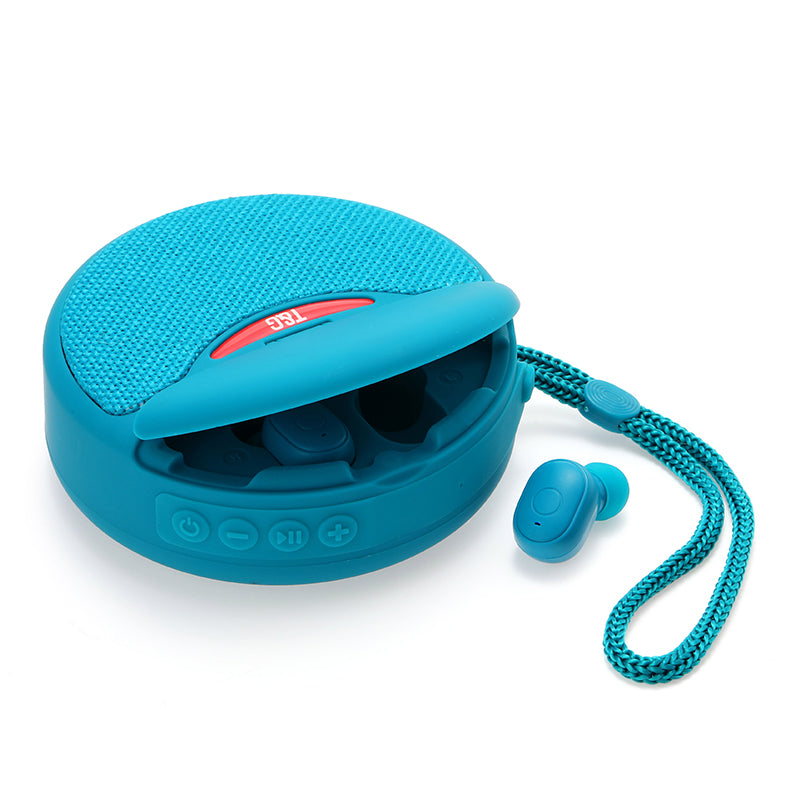Bärbar TWS Bluetooth-högtalare med hörlurar, kompakt design, svart, levererar rumsfyllande 3D-stereoljud.