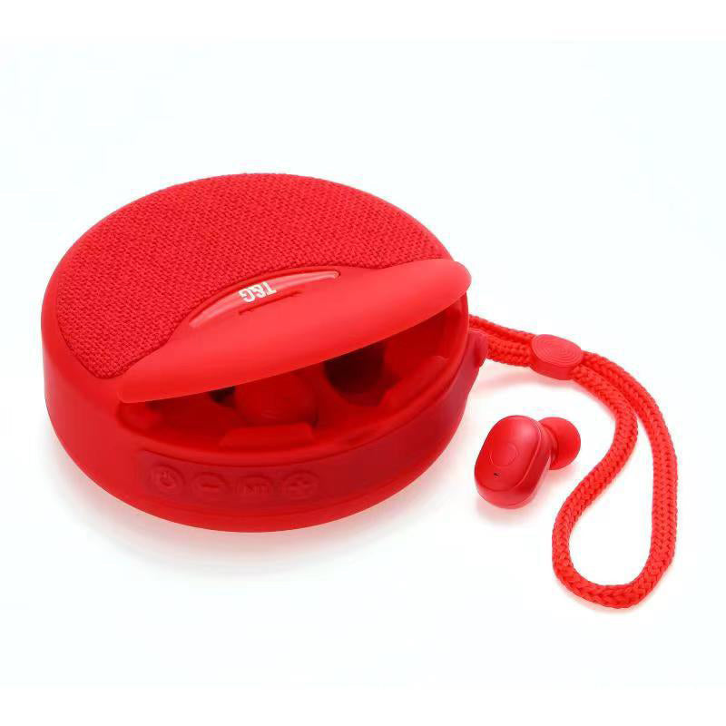 Bärbar TWS Bluetooth-högtalare med hörlurar, kompakt design, svart, levererar rumsfyllande 3D-stereoljud.