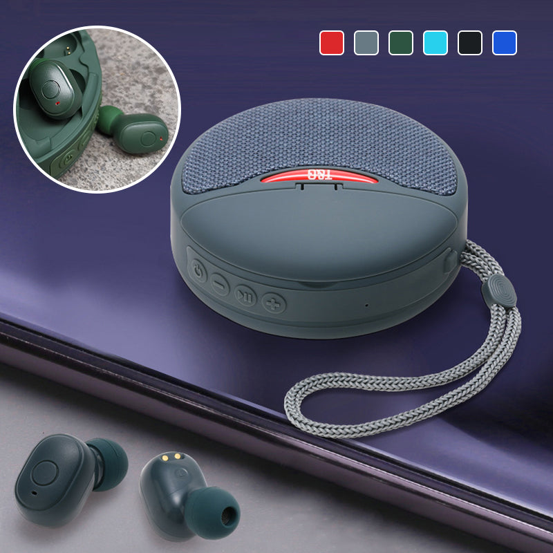 Bärbar TWS Bluetooth-högtalare med hörlurar, kompakt design, svart, levererar rumsfyllande 3D-stereoljud.