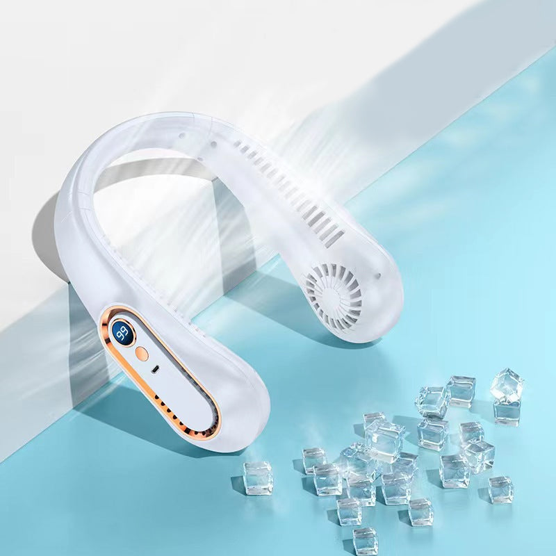 "Bärbar USB-återladdningsbar fläkt, vit, med headsetdesign, 5 hastigheter, perfekt för inomhus/utomhusbruk"