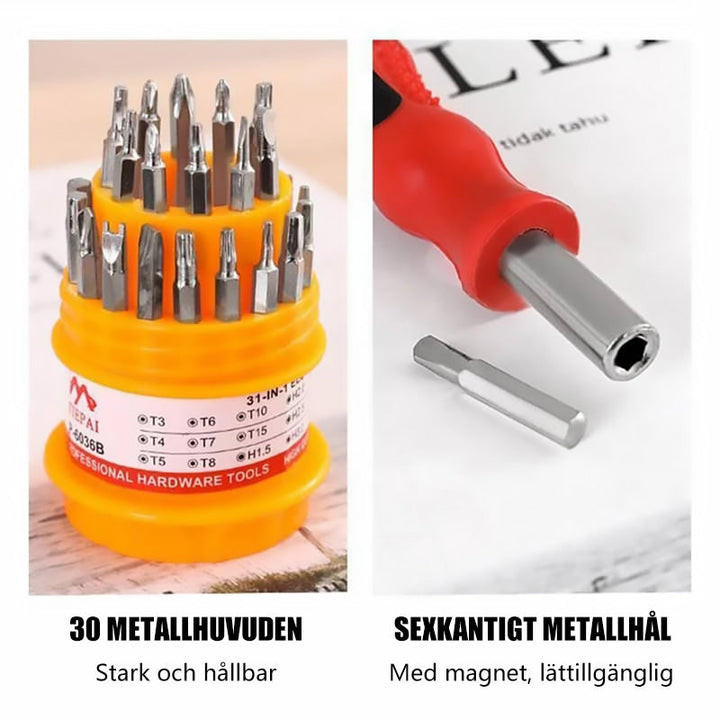 "Bärbart 31-i-1 skruvmejsel set med magnetiska bits, kompakta verktyg i plastlåda, idealiska för DIY-projekt"