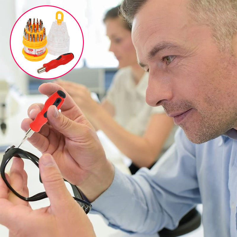 "Bärbart 31-i-1 skruvmejsel set med magnetiska bits, kompakta verktyg i plastlåda, idealiska för DIY-projekt"