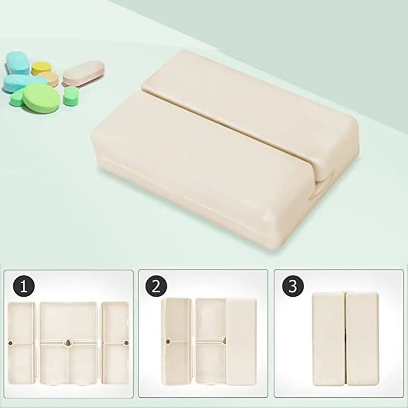 "Bärbart magnetiskt tablettfodral med 7 fack, kompakt design i beige, säker förvaring för piller och kosttillskott."