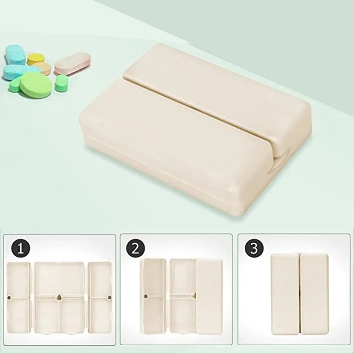 "Bärbart magnetiskt tablettfodral med 7 fack, kompakt design i beige, säker förvaring för piller och kosttillskott."
