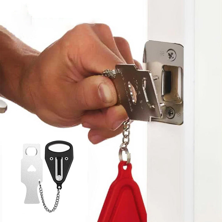 Bärbart säkerhetsdörrlås i rostfritt stål, röd och svart, för extra skydd och integritet i lägenheter och hotellrum.