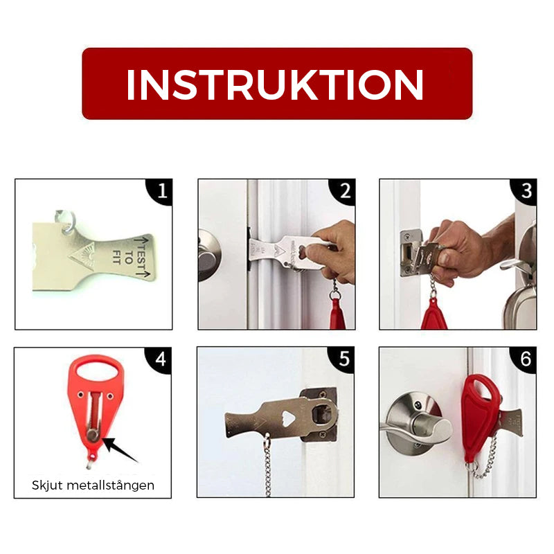 Bärbart säkerhetsdörrlås i rostfritt stål, röd och svart, för extra skydd och integritet i lägenheter och hotellrum.