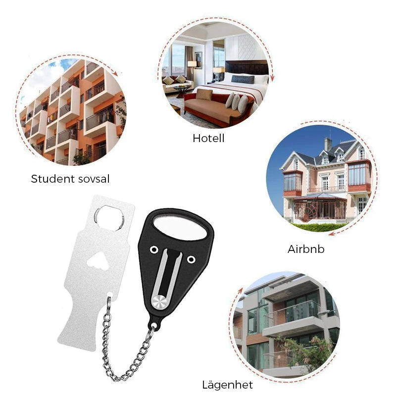 Bärbart säkerhetsdörrlås i rostfritt stål, röd och svart, för extra skydd och integritet i lägenheter och hotellrum.