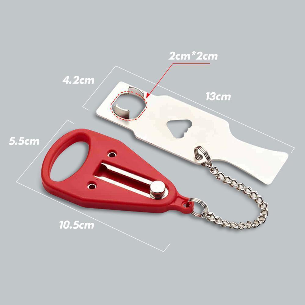 Bärbart säkerhetsdörrlås i rostfritt stål, röd och svart, för extra skydd och integritet i lägenheter och hotellrum.