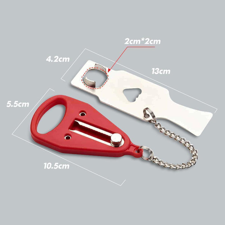 Bärbart säkerhetsdörrlås i rostfritt stål, röd och svart, för extra skydd och integritet i lägenheter och hotellrum.