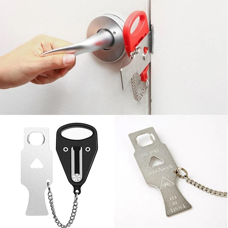 Bärbart säkerhetsdörrlås i rostfritt stål, röd och svart, för extra skydd och integritet i lägenheter och hotellrum.