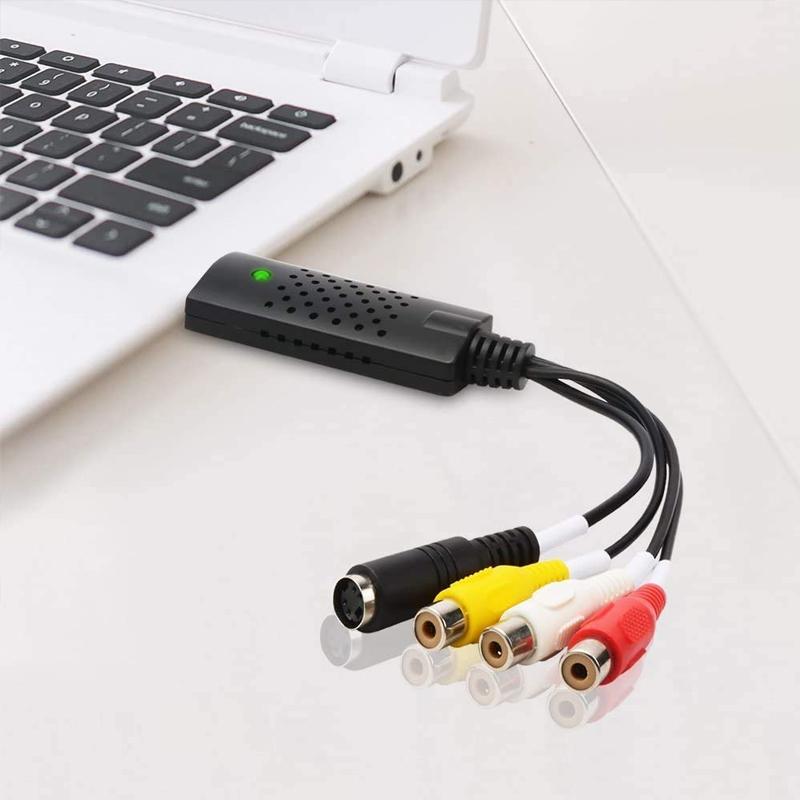 "Bärbart USB-video Capture-kort ansluts till PC/Mac via USB, kompakt design för att digitalisera analoga videor."