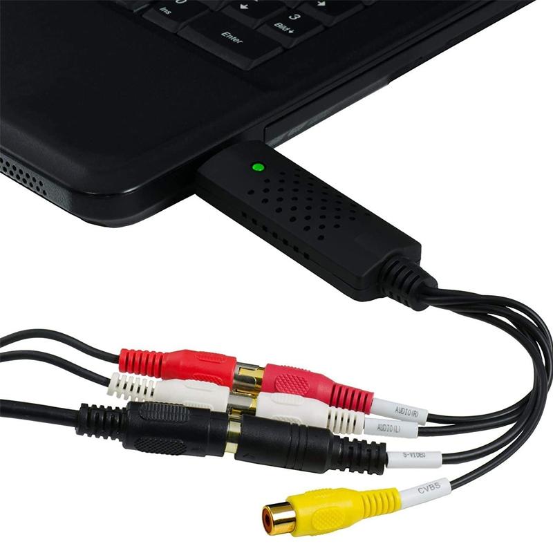 "Bärbart USB-video Capture-kort ansluts till PC/Mac via USB, kompakt design för att digitalisera analoga videor."