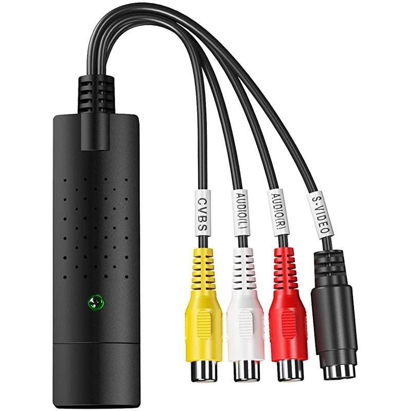 "Bärbart USB-video Capture-kort ansluts till PC/Mac via USB, kompakt design för att digitalisera analoga videor."
