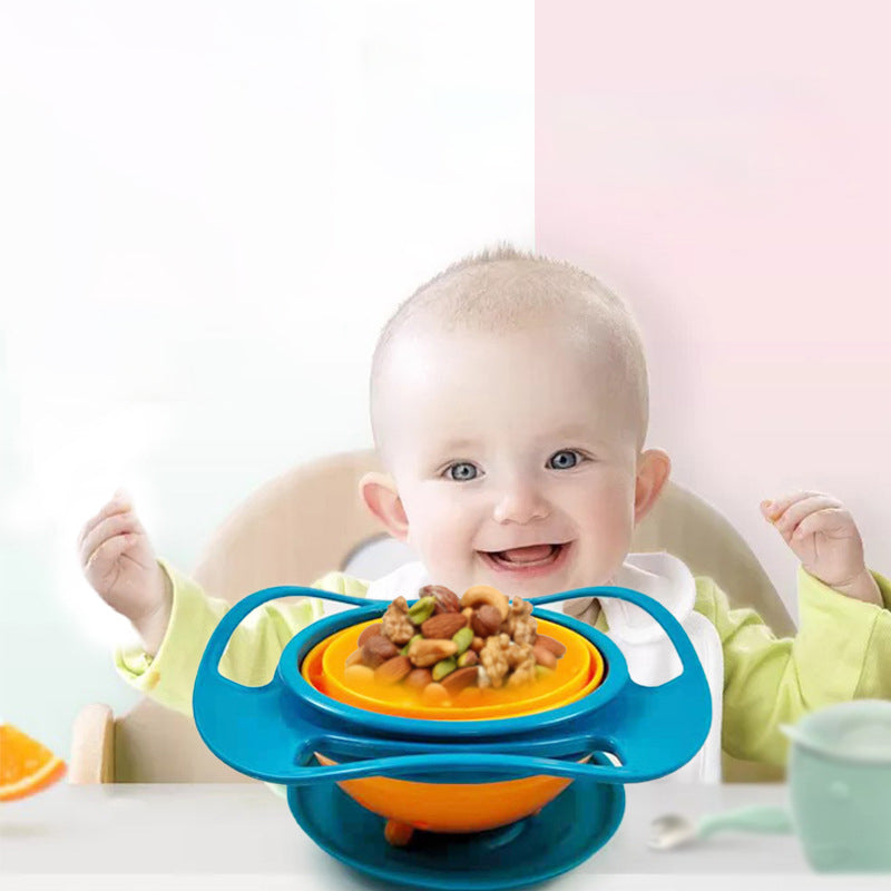 Barn gyroskopisk anti-spill skål i blå, grön och rosa med Saturnus-design, idealisk för rörliga barn och familjer.