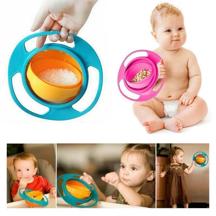 Barn gyroskopisk anti-spill skål i blå, grön och rosa med Saturnus-design, idealisk för rörliga barn och familjer.