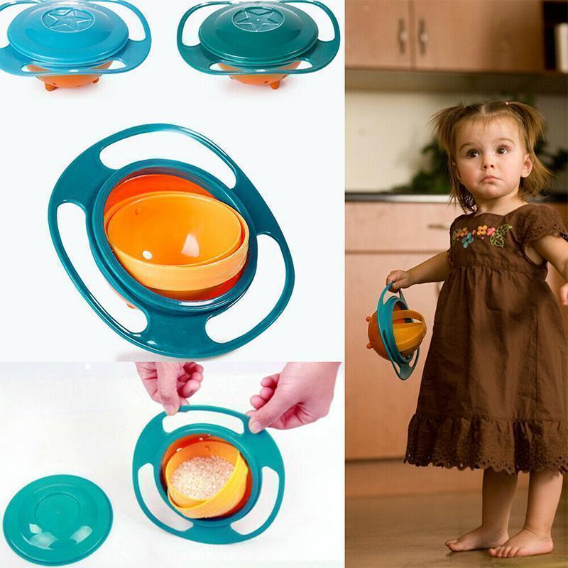 Barn gyroskopisk anti-spill skål i blå, grön och rosa med Saturnus-design, idealisk för rörliga barn och familjer.