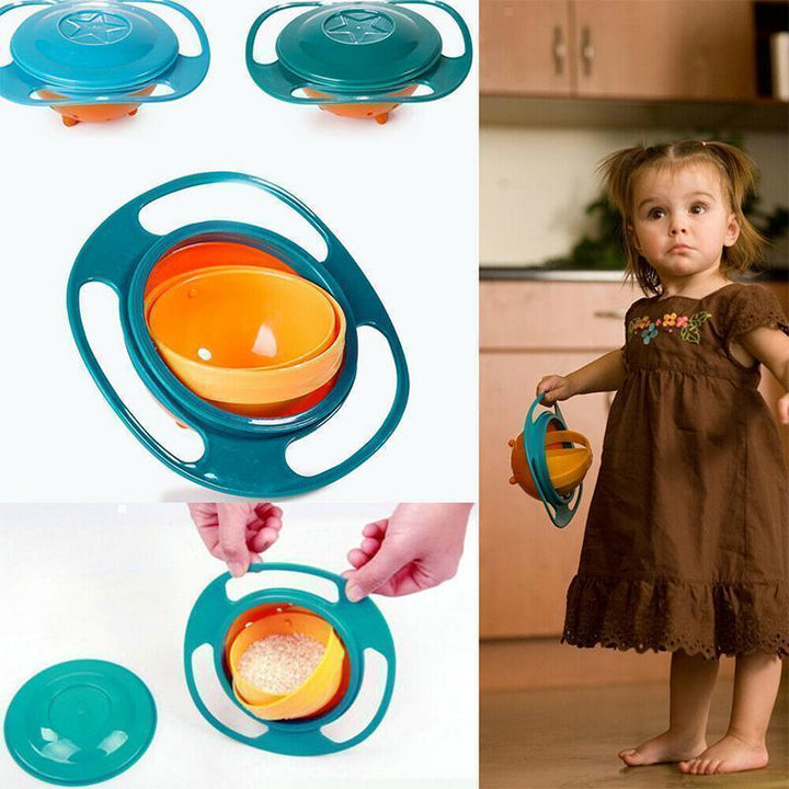 Barn gyroskopisk anti-spill skål i blå, grön och rosa med Saturnus-design, idealisk för rörliga barn och familjer.