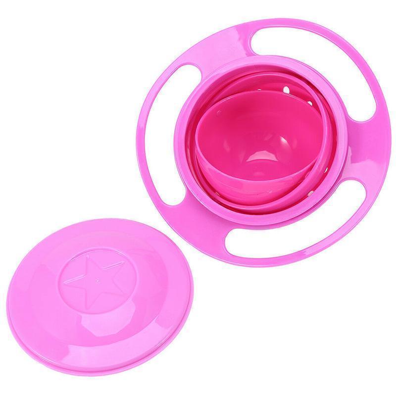 Barn gyroskopisk anti-spill skål i blå, grön och rosa med Saturnus-design, idealisk för rörliga barn och familjer.
