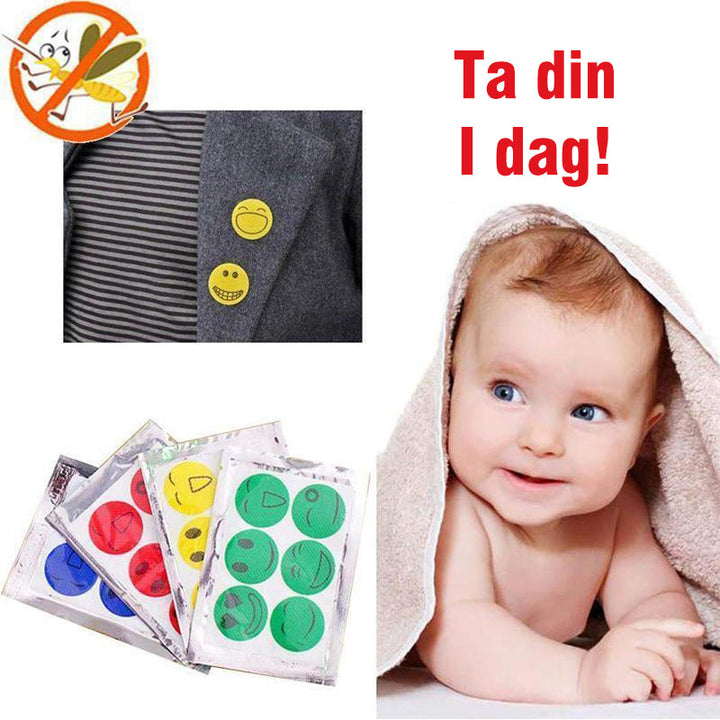 Barn myggavvisande plåster med örter. Färgglada och cirkelformade klistermärken på genomskinlig bakgrund.