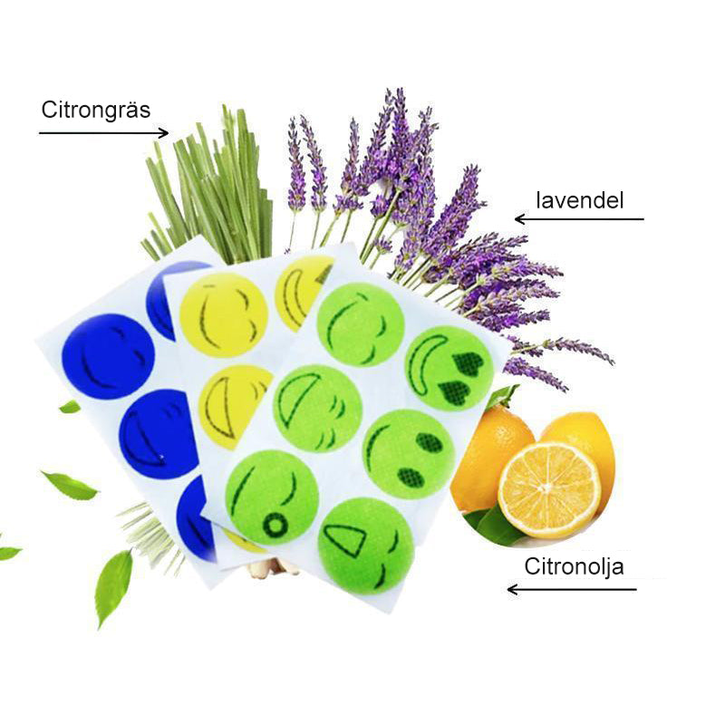 Barn myggavvisande plåster med örter. Färgglada och cirkelformade klistermärken på genomskinlig bakgrund.