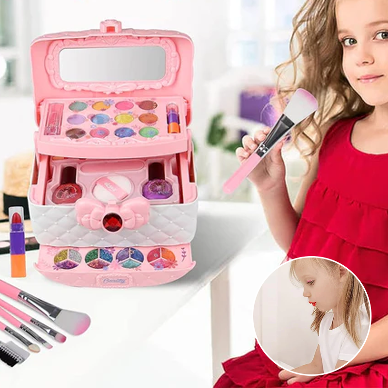 "Barn tvättbart sminkskönhetskit i lila och rosa, säker för barn, enkel att rengöra, främjar kreativ lek."
