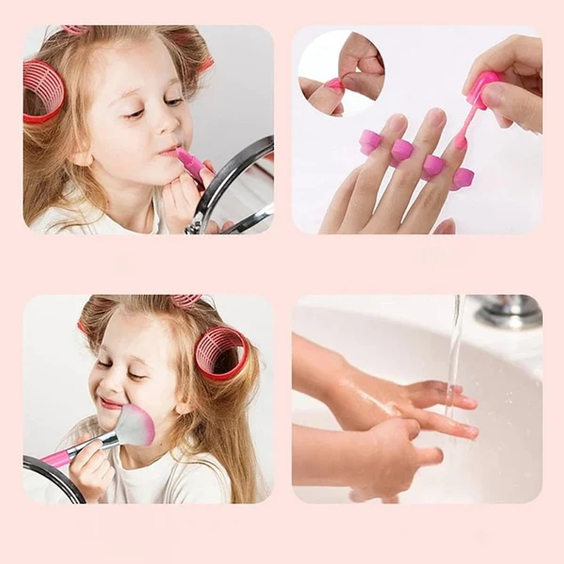 "Barn tvättbart sminkskönhetskit i lila och rosa, säker för barn, enkel att rengöra, främjar kreativ lek."