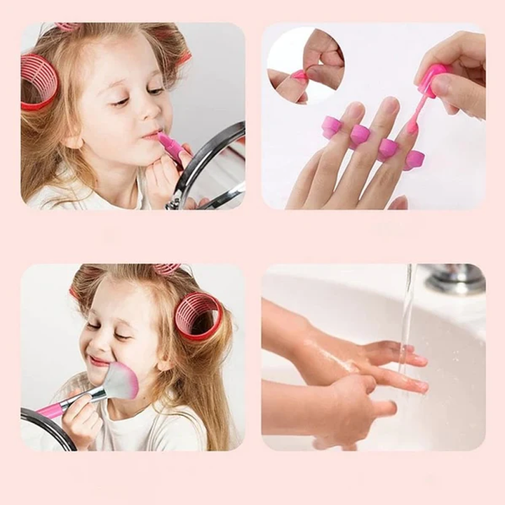 "Barn tvättbart sminkskönhetskit i lila och rosa, säker för barn, enkel att rengöra, främjar kreativ lek."