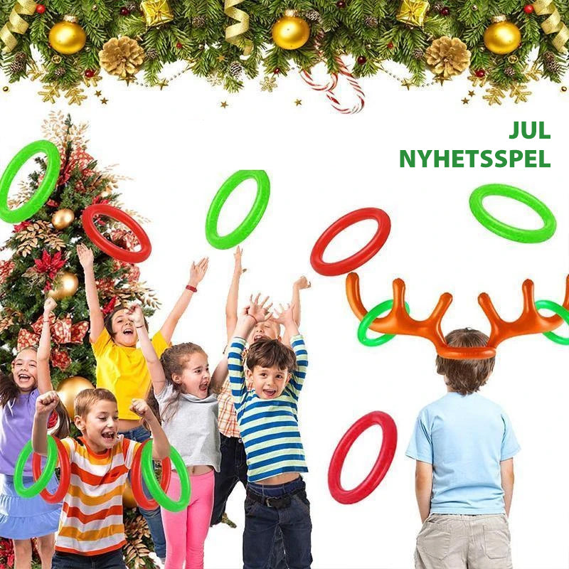 "Barn uppblåsbart ringkastningsspel med färgglada renhorn och kastringar för festlig jullek, perfekt för familjer."