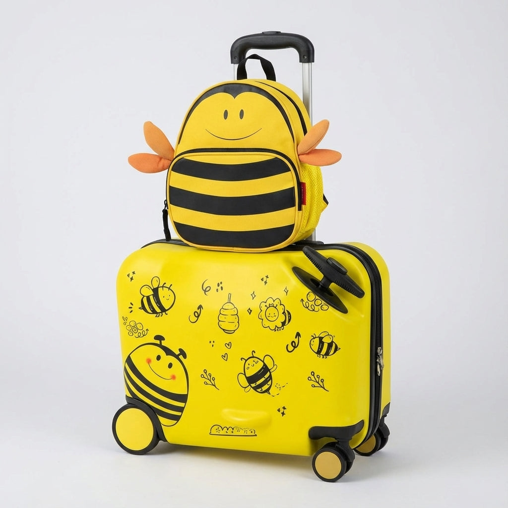 Lekfullt 2-i-1 barnresväskset från Travelbee. Innehåller resväska och ryggsäck för organiserat bagage.