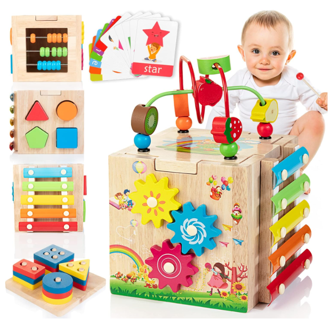 Montessori träleksak: Barns 8-i-1 lekkub. Utvecklar hand-öga-koordination och problemlösningsförmåga.