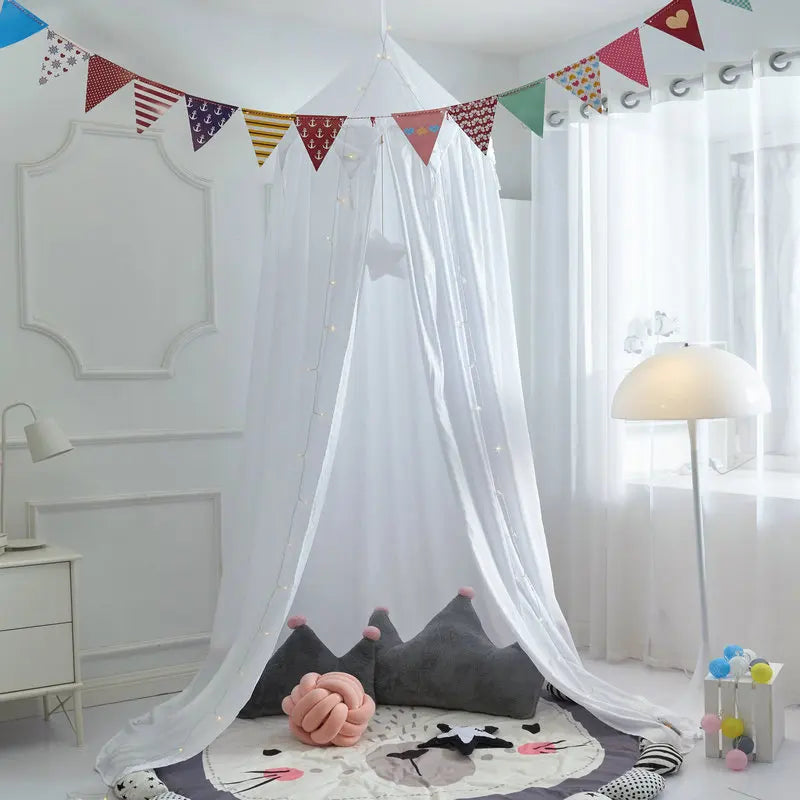 Babyrumsinredning: Vacker sänghimmel i rosa, grå eller vit, barnsäng baldakin med volang & fransar.