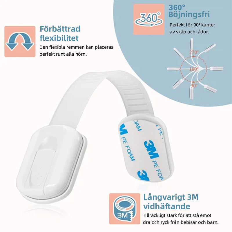 "Barnsäkerhet plastlåsremmar, 6-pack, vita och flexibla med stark klistertejp för säker montering på olika ytor."