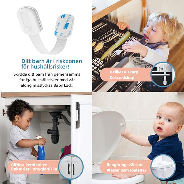 "Barnsäkerhet plastlåsremmar, 6-pack, vita och flexibla med stark klistertejp för säker montering på olika ytor."