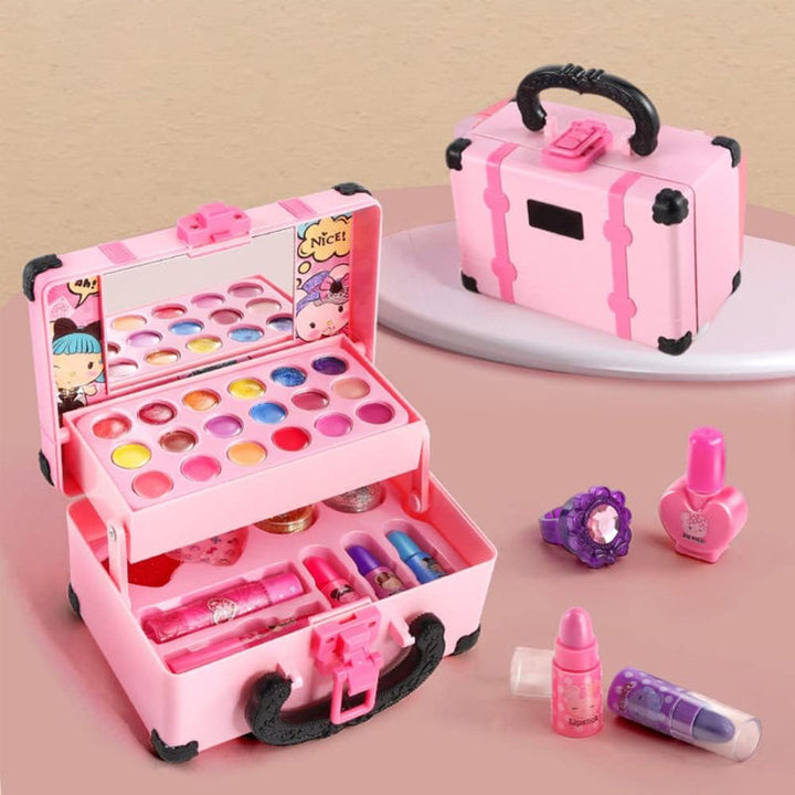 "Barnsminkset i lekhusform med färgglada sminkprodukter, perfekt för kreativa barn. Säker och rolig lek för unga fashionister