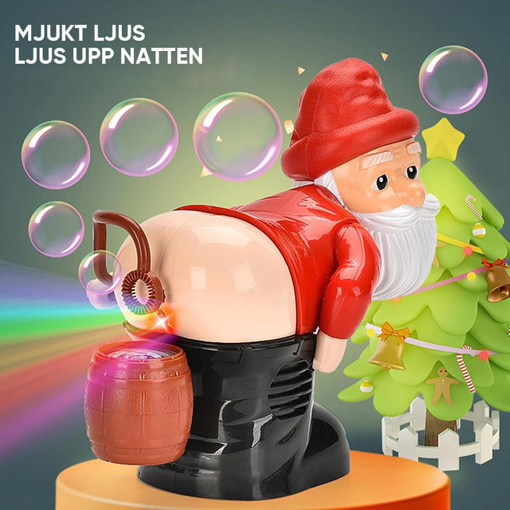 "Barnvänlig jultomte-inspirerad bubbelmaskin med färgglada bubblor, blinkande ljus och musik för magisk julstämning."