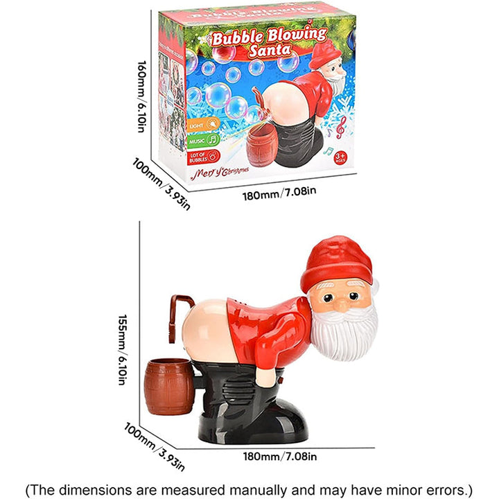 "Barnvänlig jultomte-inspirerad bubbelmaskin med färgglada bubblor, blinkande ljus och musik för magisk julstämning."