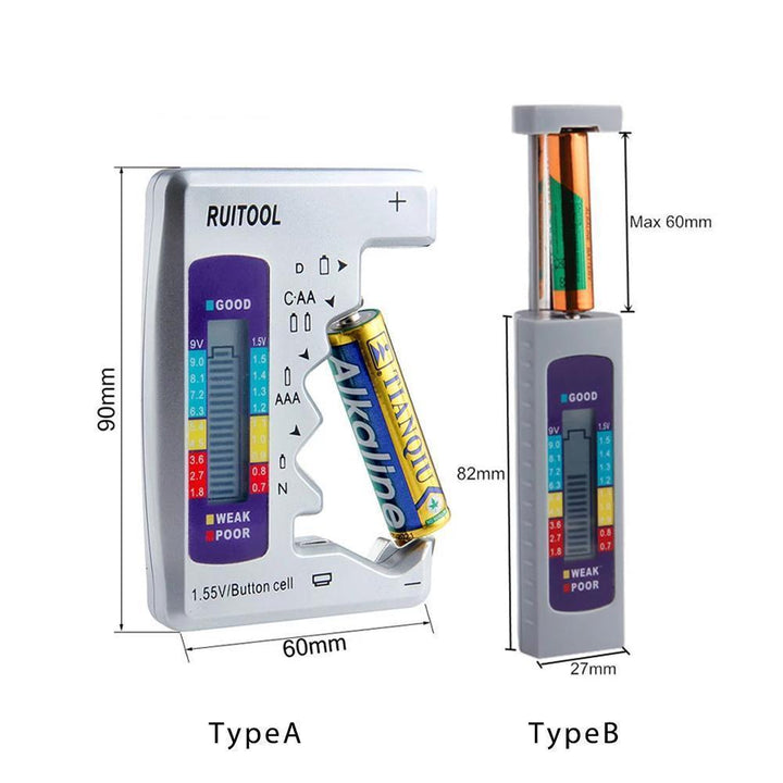 Batteritestare för hemelektronik visar batteristatus i färger, kompakt design, mäter knapp- och 9V-batterier.